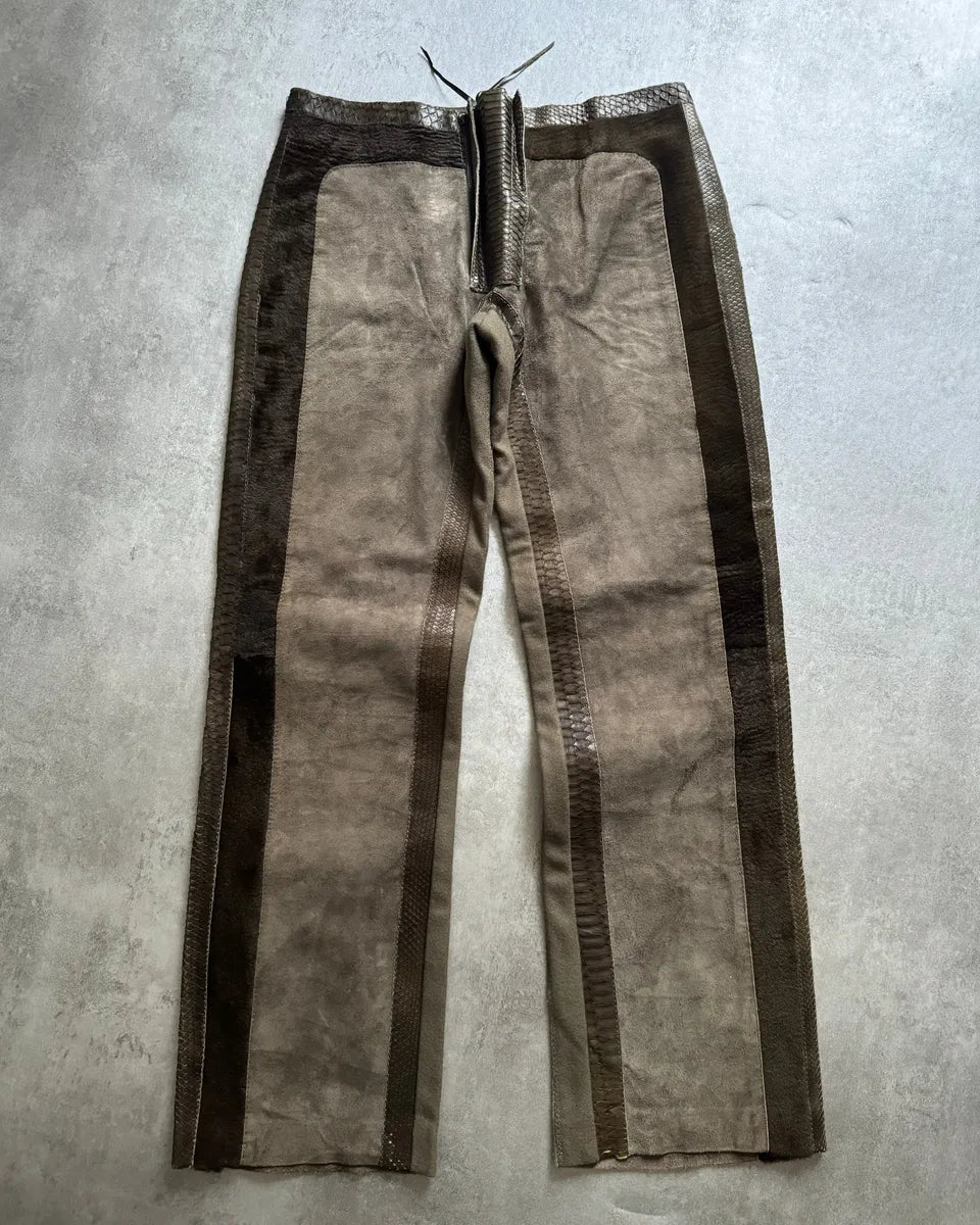 AW2000 Roberto Cavalli Python, Suede Textured Faded Brown Leather Pants qIsOdwv 0