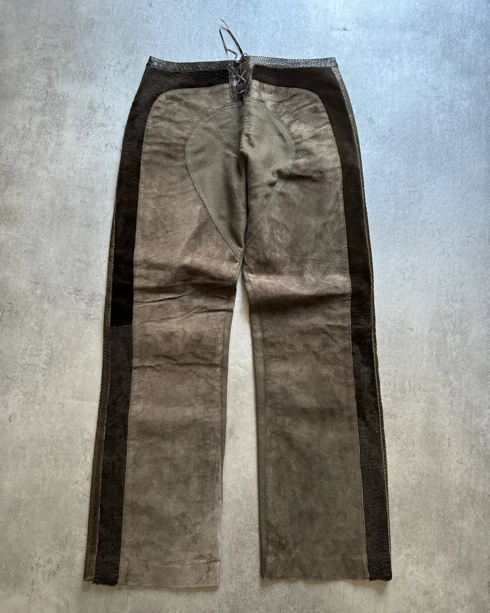 AW2000 Roberto Cavalli Python, Suede Textured Faded Brown Leather Pants qIsOdwv 1