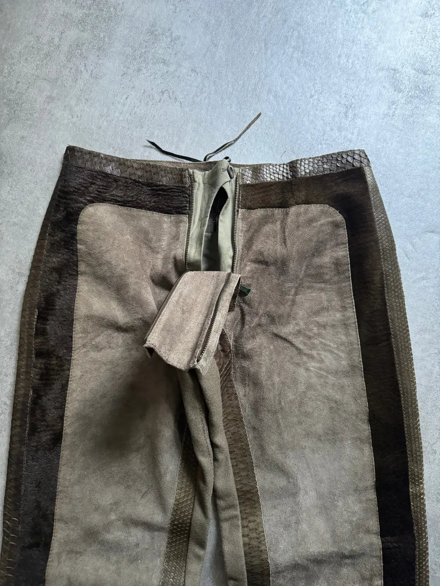 AW2000 Roberto Cavalli Python, Suede Textured Faded Brown Leather Pants qIsOdwv 2