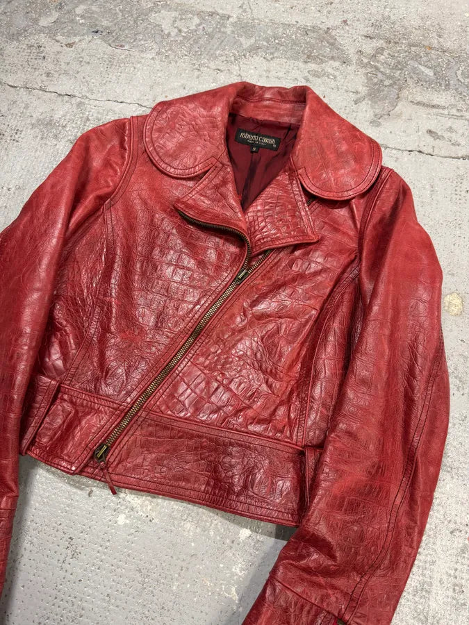 AW2000 Roberto Cavalli Red Crocodile Effect Biker Leather Jacket OILSKQX 1