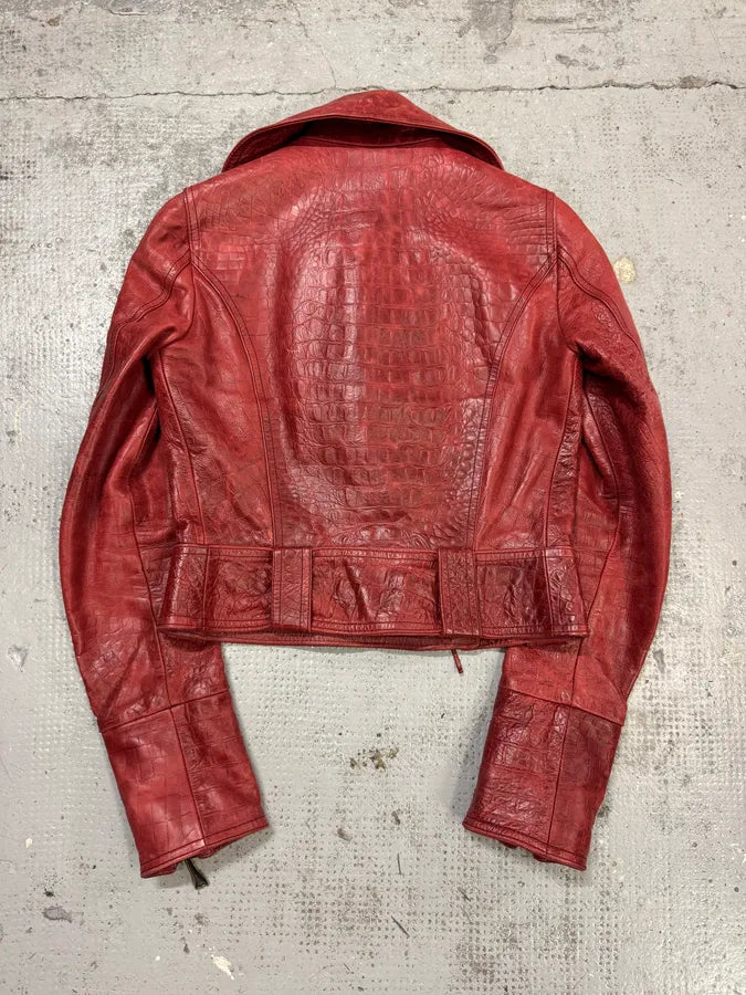 AW2000 Roberto Cavalli Red Crocodile Effect Biker Leather Jacket OILSKQX 2