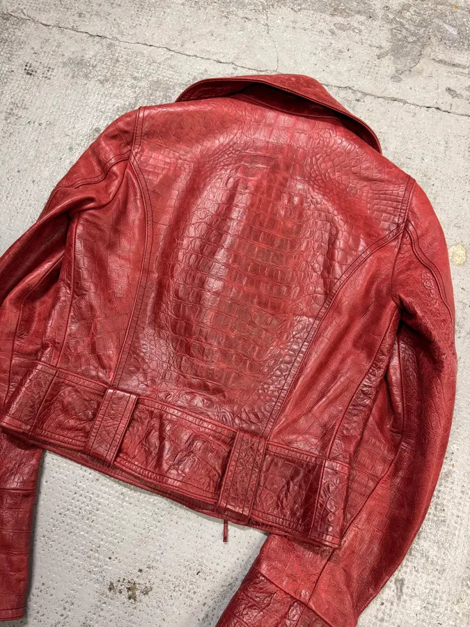 AW2000 Roberto Cavalli Red Crocodile Effect Biker Leather Jacket OILSKQX 5