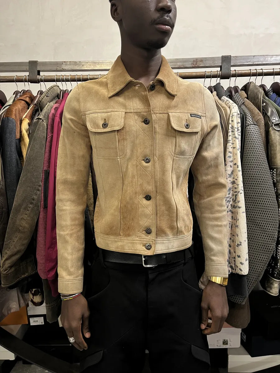 AW2001 Dolce & Gabbana Beige Premium Leather Trucker Jacket RvHuQWv 2