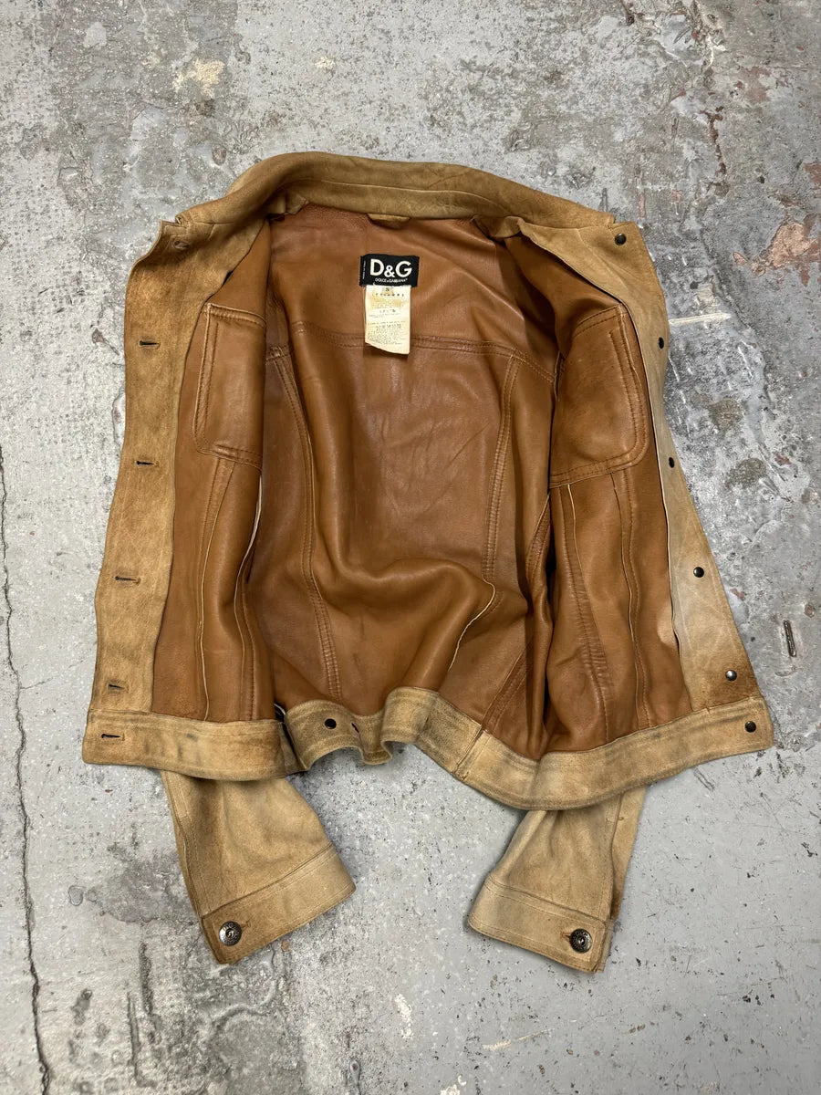AW2001 Dolce & Gabbana Beige Premium Leather Trucker Jacket RvHuQWv 8