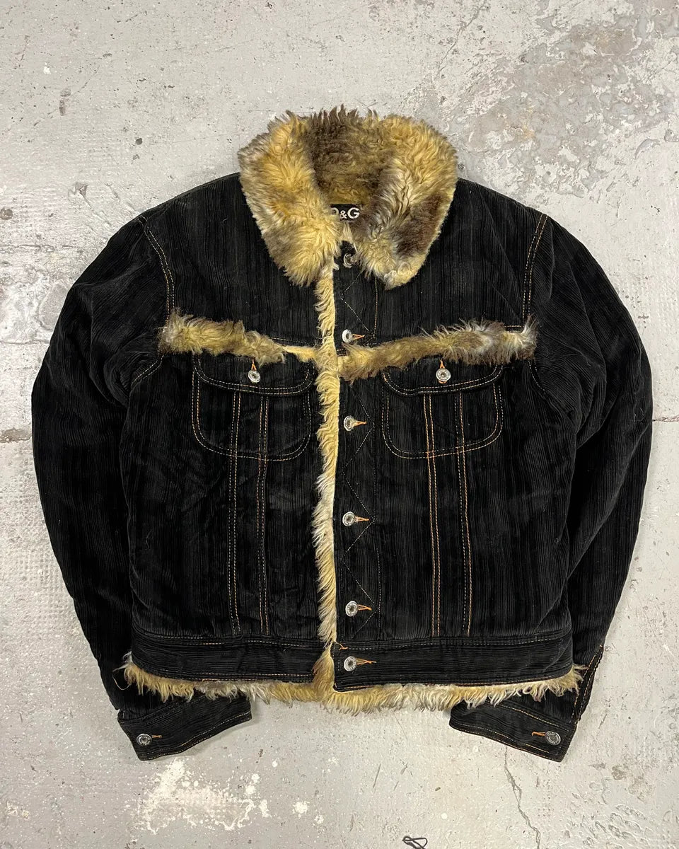 AW2001 Dolce & Gabbana Black Fur Corduroy Jacket (M) 0