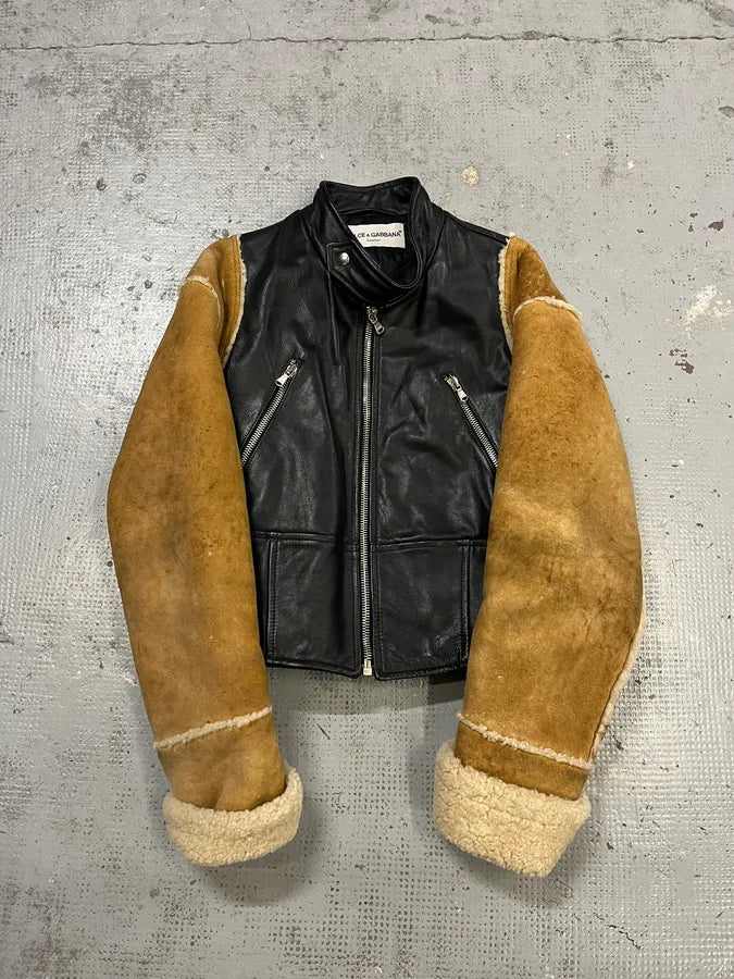 AW2001 Dolce & Gabbana Black Leather Crop Moto Jacket Contrast Suede Sleeves IEbPdPe 0