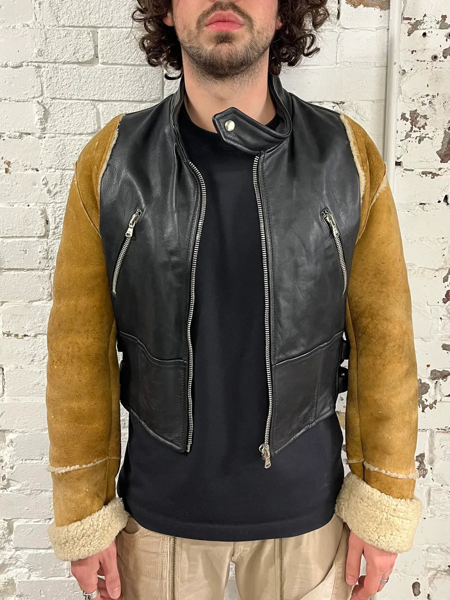 AW2001 Dolce & Gabbana Black Leather Crop Moto Jacket Contrast Suede Sleeves IEbPdPe 1