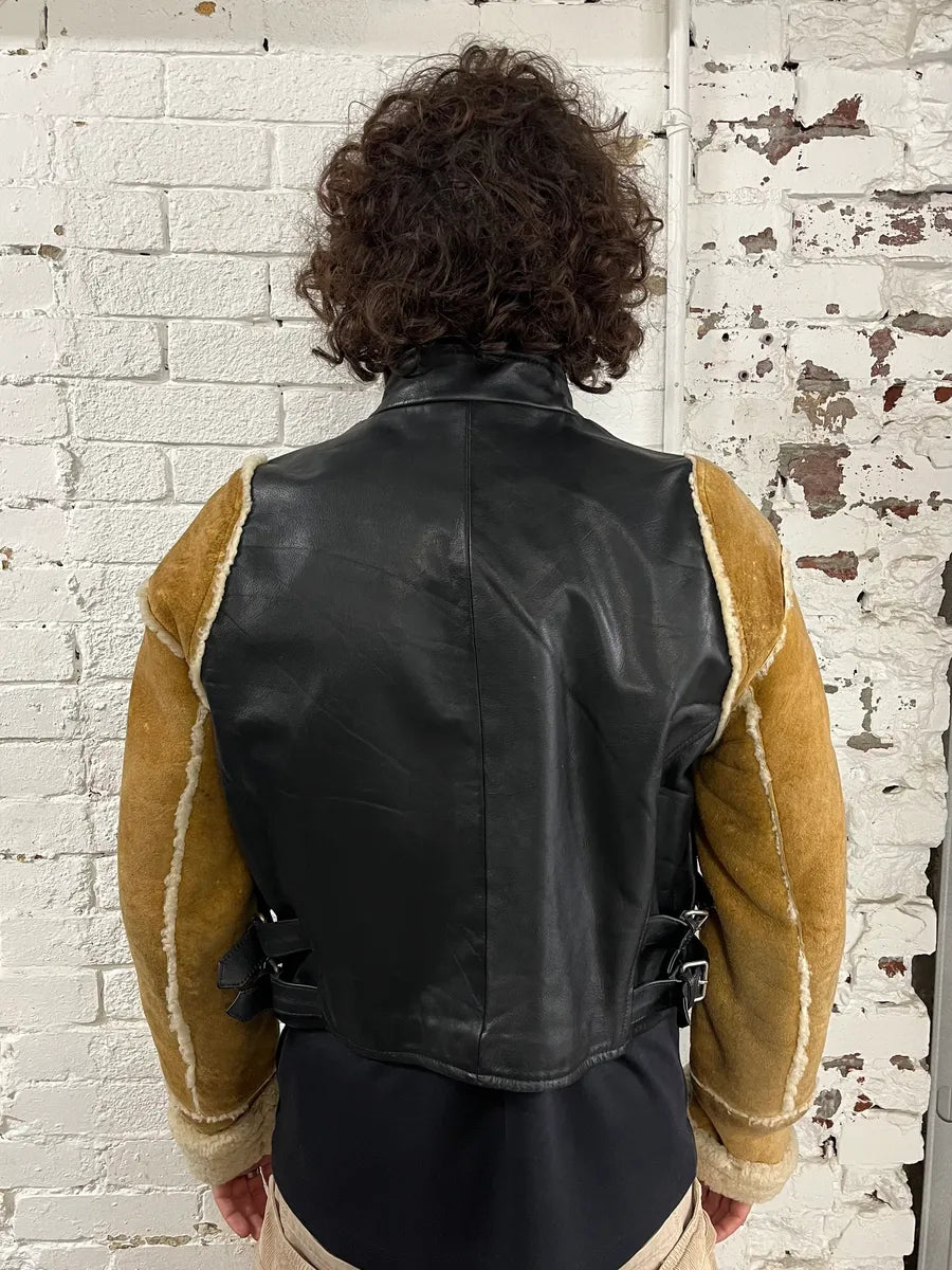 AW2001 Dolce & Gabbana Black Leather Crop Moto Jacket Contrast Suede Sleeves IEbPdPe 2