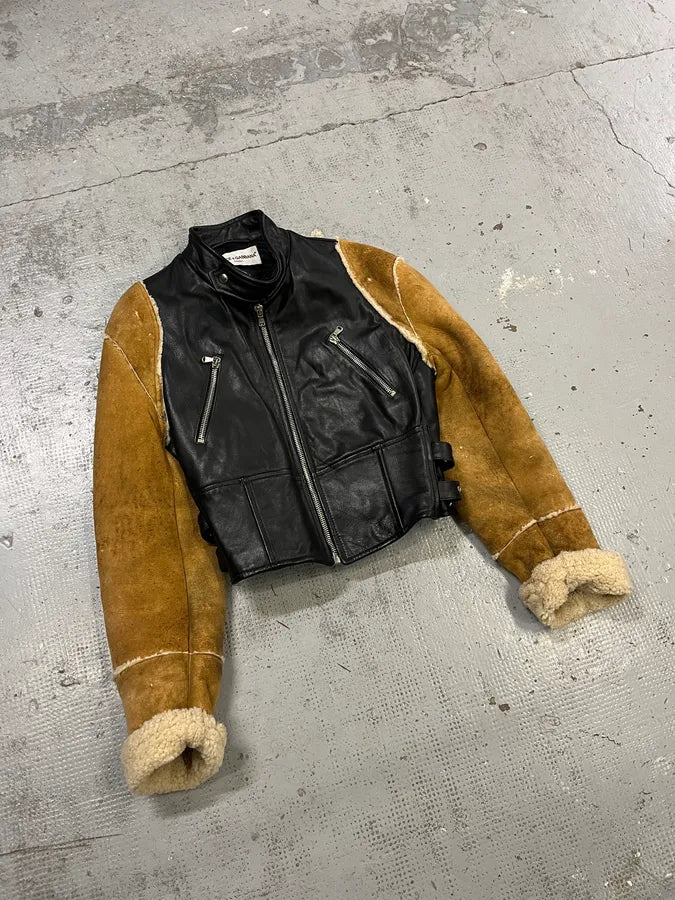 AW2001 Dolce & Gabbana Black Leather Crop Moto Jacket Contrast Suede Sleeves IEbPdPe 3