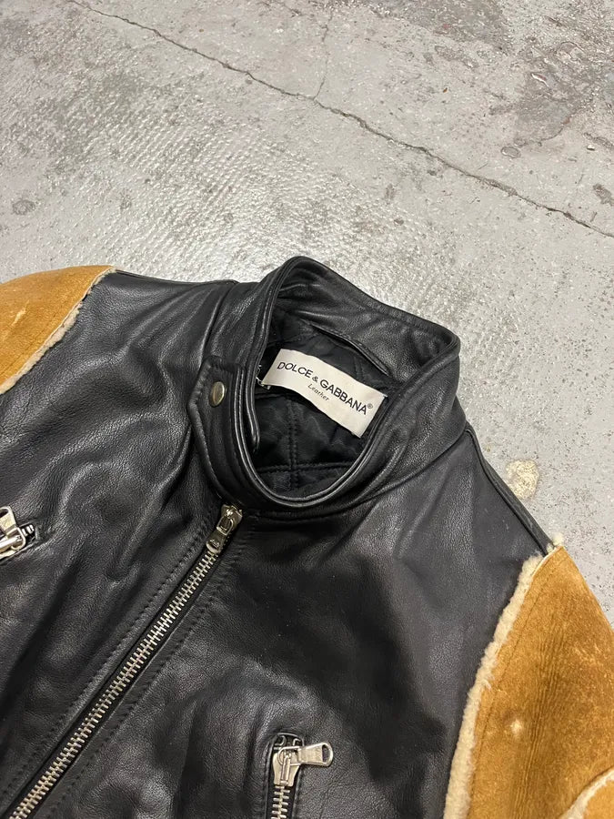 AW2001 Dolce & Gabbana Black Leather Crop Moto Jacket Contrast Suede Sleeves IEbPdPe 4