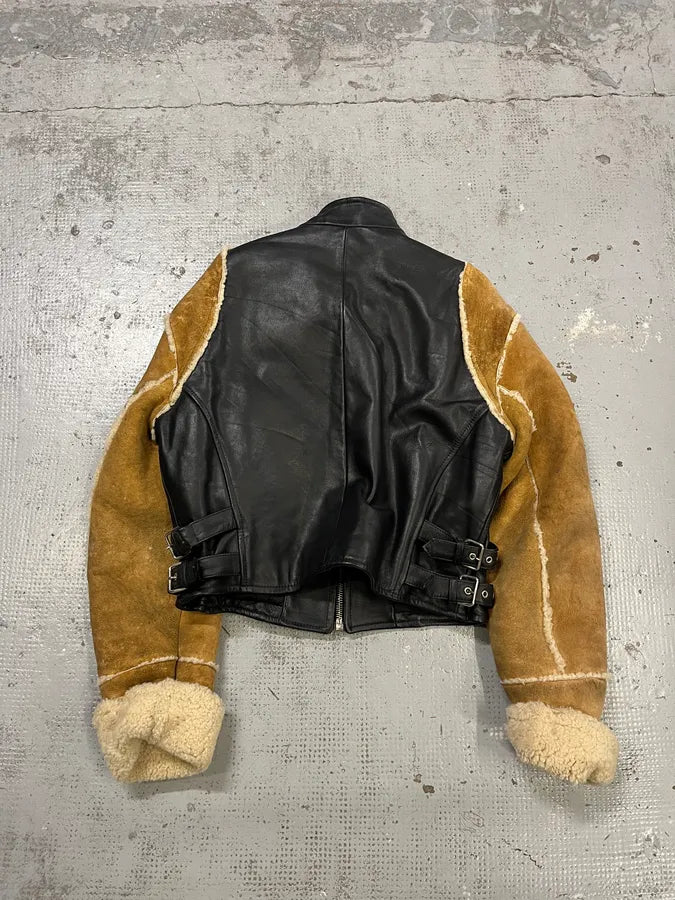 AW2001 Dolce & Gabbana Black Leather Crop Moto Jacket Contrast Suede Sleeves IEbPdPe 5