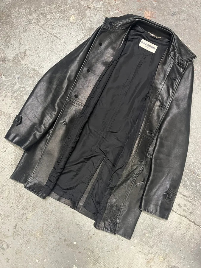 AW2001 Dolce & Gabbana Black Leather Minimalist Long Jacket (M/L) 5