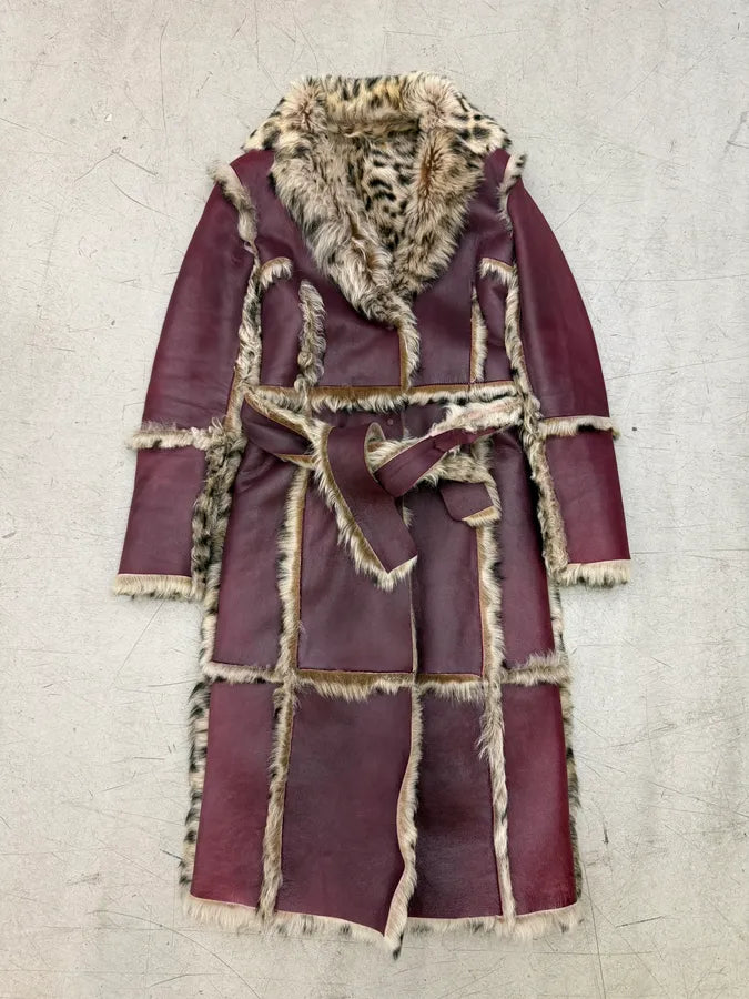 AW2001 Dolce & Gabbana Bordeaux Leather Fur-Trimmed Long Coat FWoAQsS 0