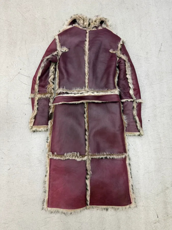 AW2001 Dolce & Gabbana Bordeaux Leather Fur-Trimmed Long Coat FWoAQsS 1