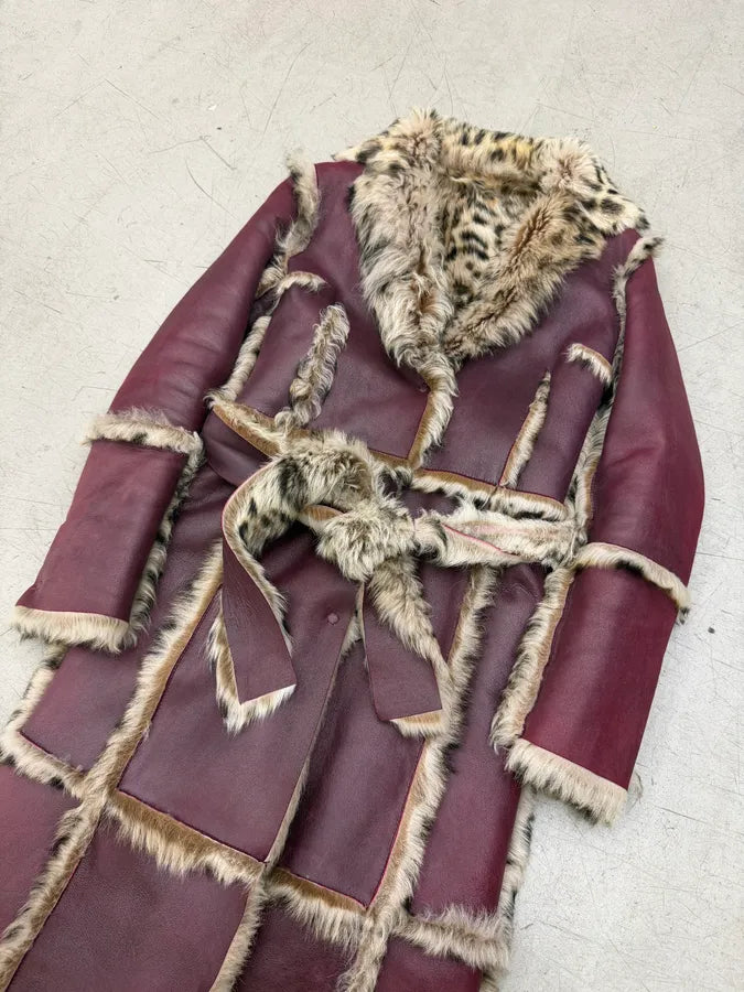 AW2001 Dolce & Gabbana Bordeaux Leather Fur-Trimmed Long Coat FWoAQsS 11