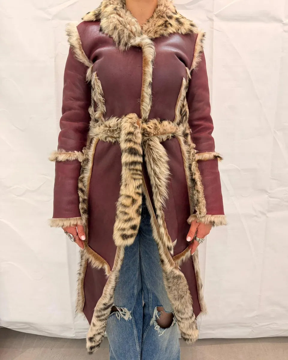 AW2001 Dolce & Gabbana Bordeaux Leather Fur-Trimmed Long Coat FWoAQsS 3