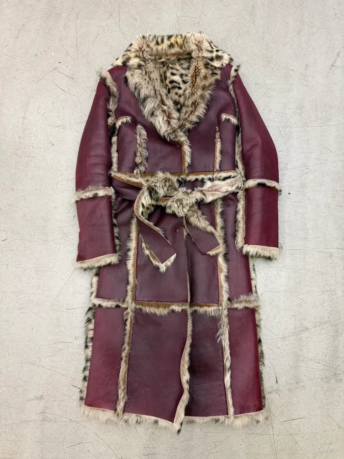 AW2001 Dolce & Gabbana Bordeaux Leather Fur-Trimmed Long Coat FWoAQsS 6