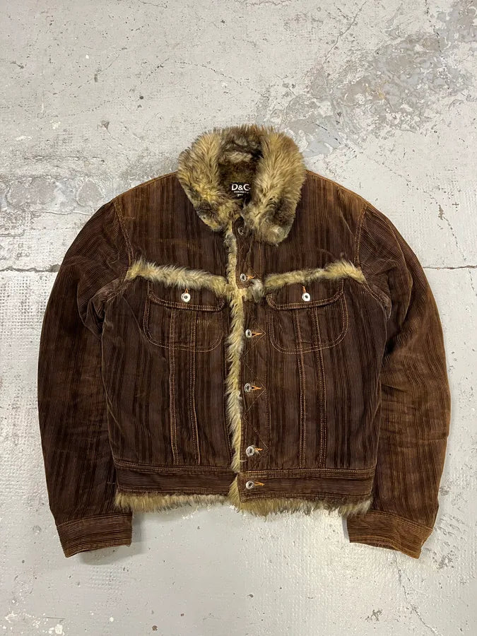 AW2001 Dolce & Gabbana Brown Corduroy Faux Fur Jacket UhfzNfi 3