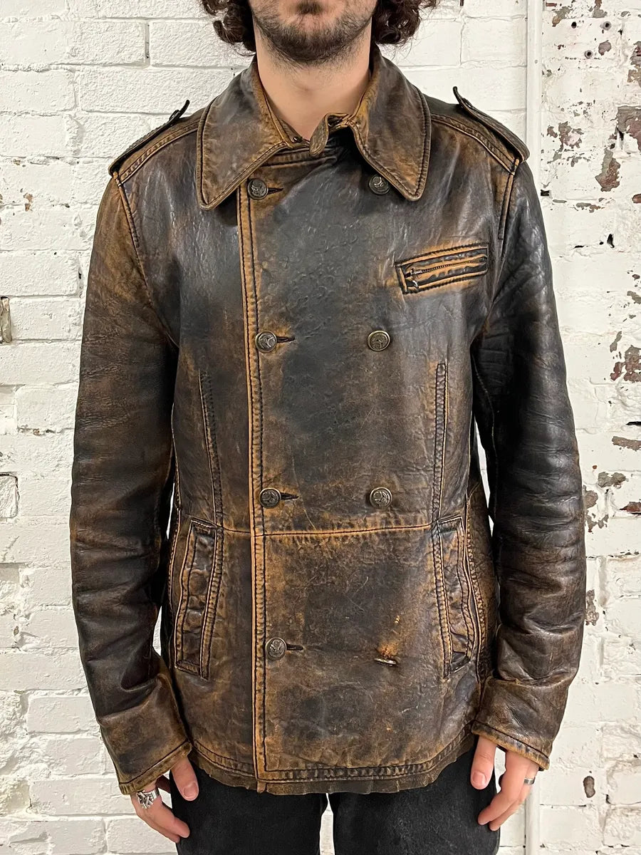 AW2001 Dolce & Gabbana Brown Eroded Leather Officer Buttoned Jacket bGFRWaQ 0