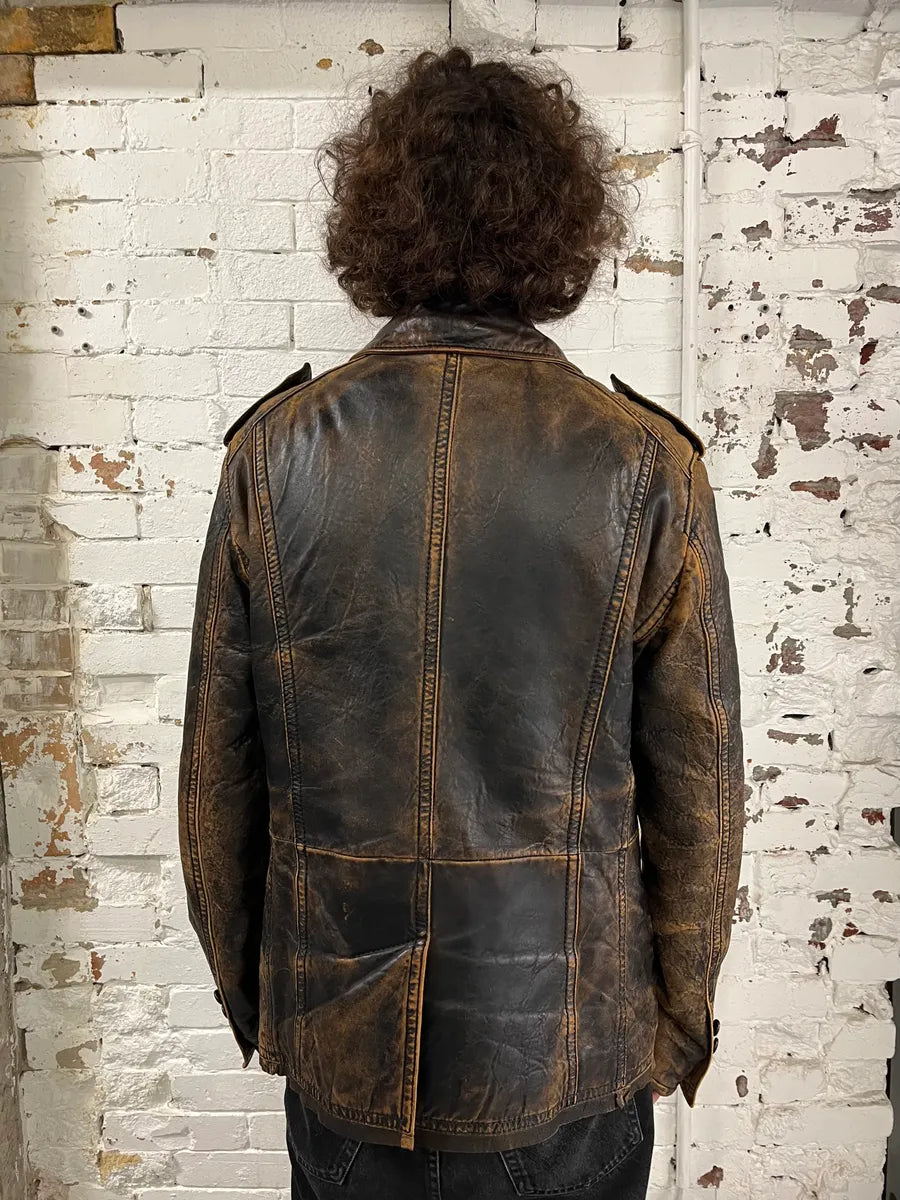 AW2001 Dolce & Gabbana Brown Eroded Leather Officer Buttoned Jacket bGFRWaQ 1