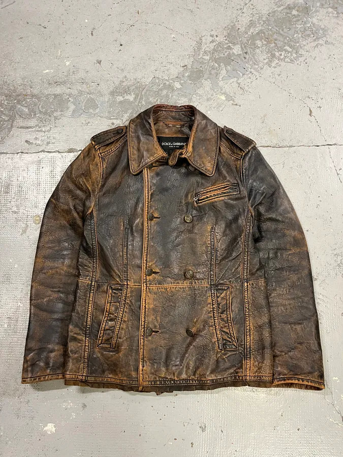 AW2001 Dolce & Gabbana Brown Eroded Leather Officer Buttoned Jacket bGFRWaQ 2