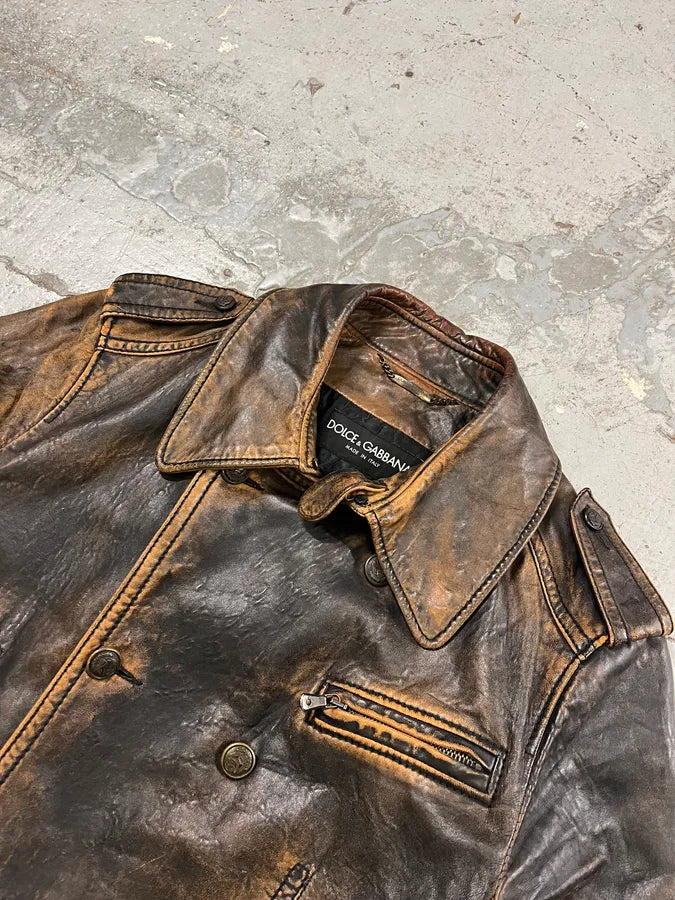 AW2001 Dolce & Gabbana Brown Eroded Leather Officer Buttoned Jacket bGFRWaQ 3