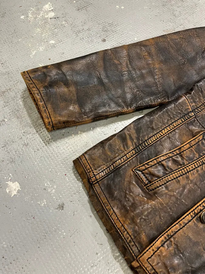 AW2001 Dolce & Gabbana Brown Eroded Leather Officer Buttoned Jacket bGFRWaQ 4