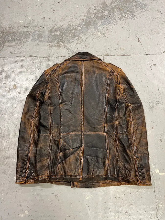 AW2001 Dolce & Gabbana Brown Eroded Leather Officer Buttoned Jacket bGFRWaQ 5