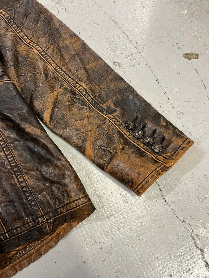 AW2001 Dolce & Gabbana Brown Eroded Leather Officer Buttoned Jacket bGFRWaQ 6