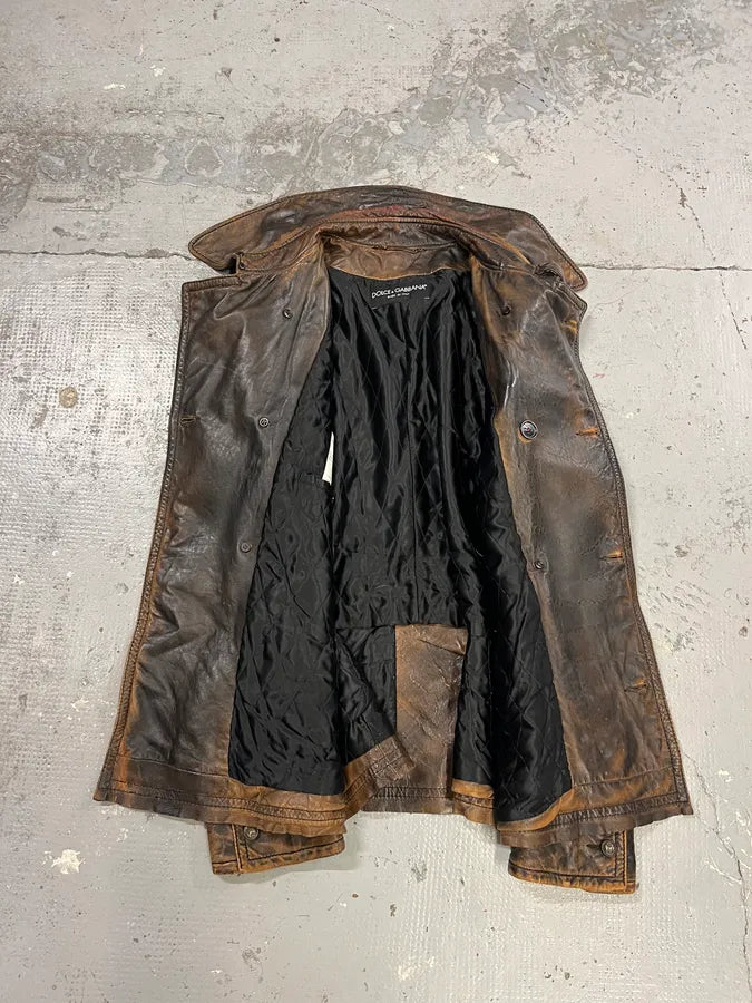 AW2001 Dolce & Gabbana Brown Eroded Leather Officer Buttoned Jacket bGFRWaQ 7