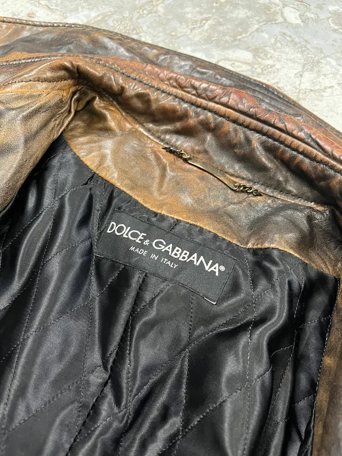 AW2001 Dolce & Gabbana Brown Eroded Leather Officer Buttoned Jacket bGFRWaQ 8