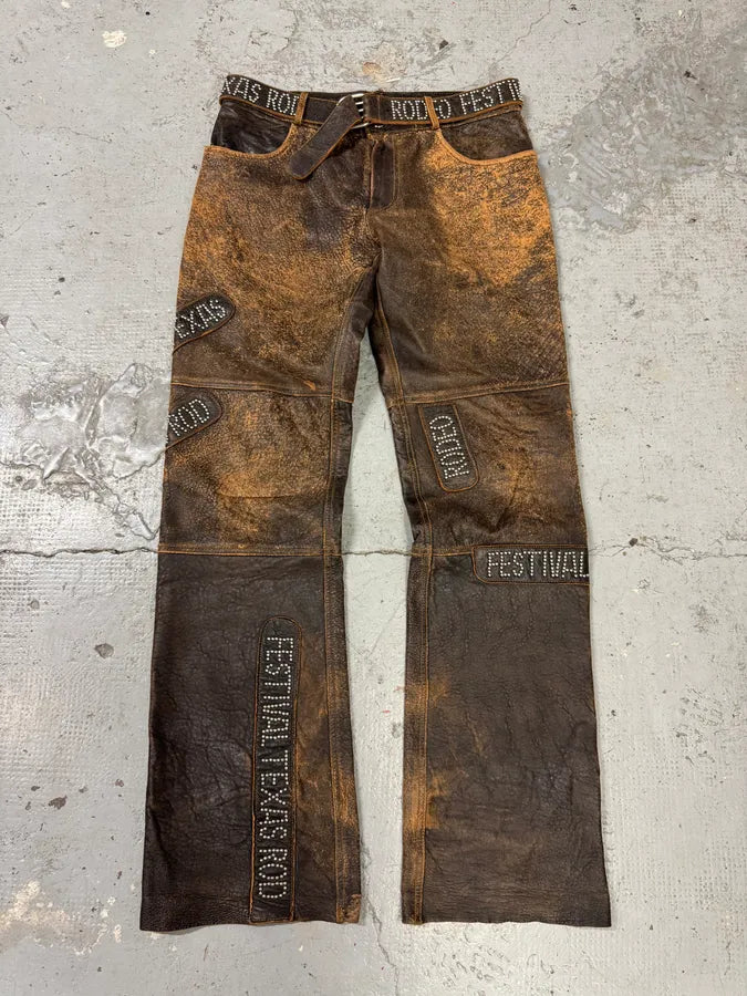 AW2001 Dolce & Gabbana Brown Eroded Studded Leather Texas Rodeo Festival Pants JqknQMo 0