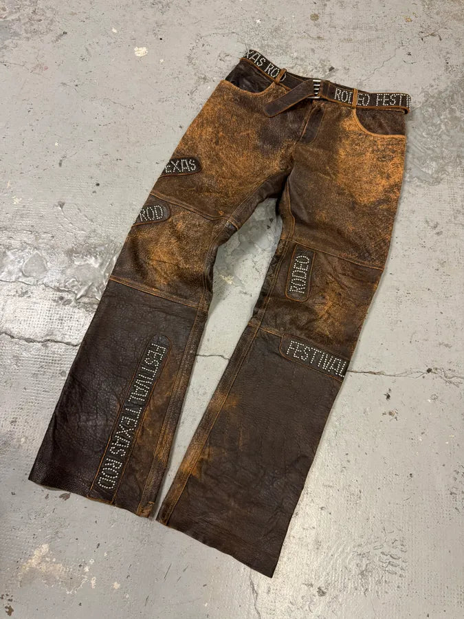AW2001 Dolce & Gabbana Brown Eroded Studded Leather Texas Rodeo Festival Pants JqknQMo 1