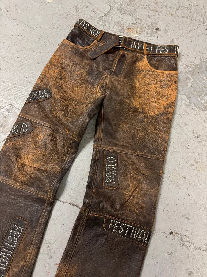 AW2001 Dolce & Gabbana Brown Eroded Studded Leather Texas Rodeo Festival Pants JqknQMo 2