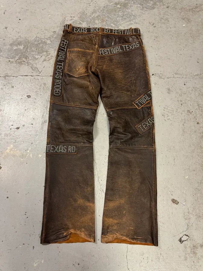 AW2001 Dolce & Gabbana Brown Eroded Studded Leather Texas Rodeo Festival Pants JqknQMo 3