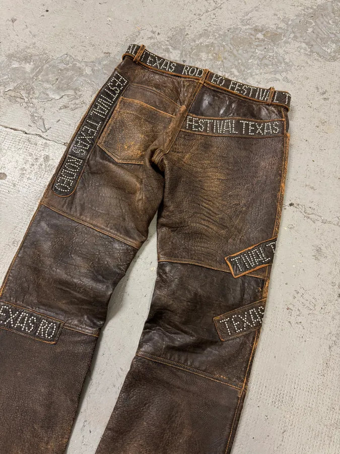 AW2001 Dolce & Gabbana Brown Eroded Studded Leather Texas Rodeo Festival Pants JqknQMo 4