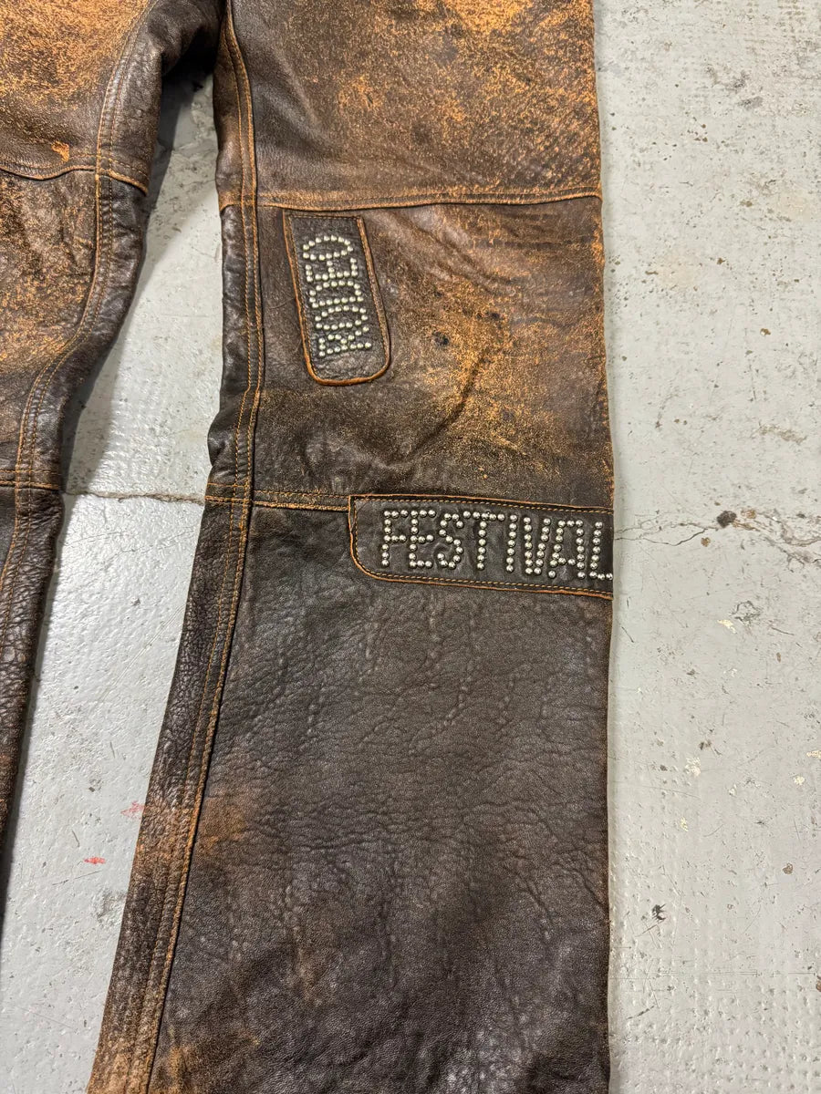 AW2001 Dolce & Gabbana Brown Eroded Studded Leather Texas Rodeo Festival Pants JqknQMo 5