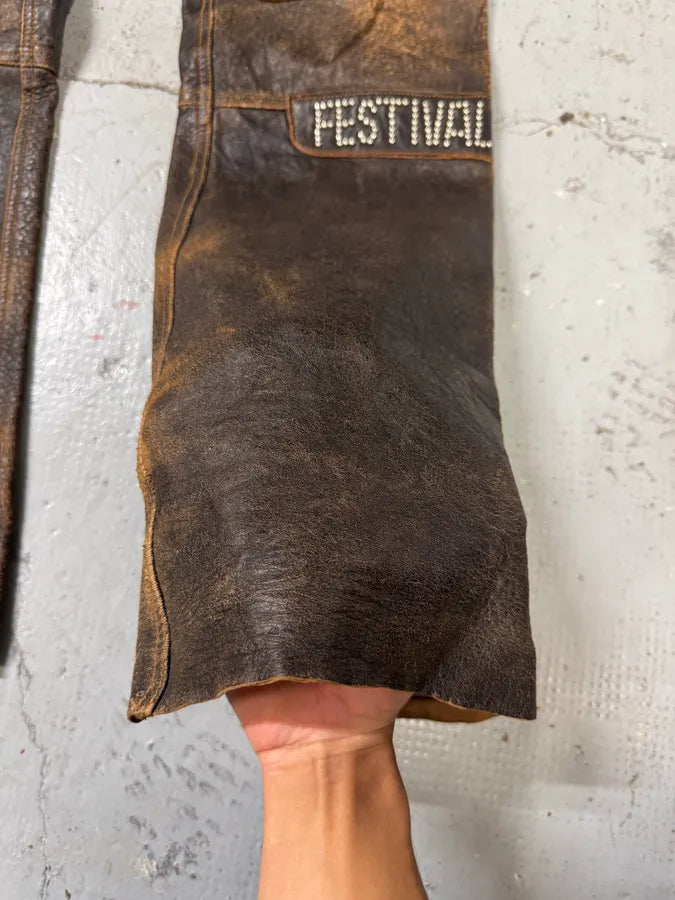 AW2001 Dolce & Gabbana Brown Eroded Studded Leather Texas Rodeo Festival Pants JqknQMo 6