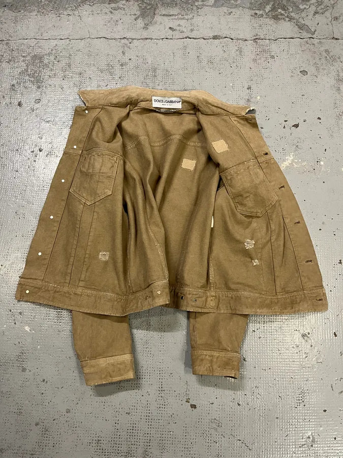 AW2001 Dolce & Gabbana Distressed Beige Denim Jacket ZXnwPFX 9