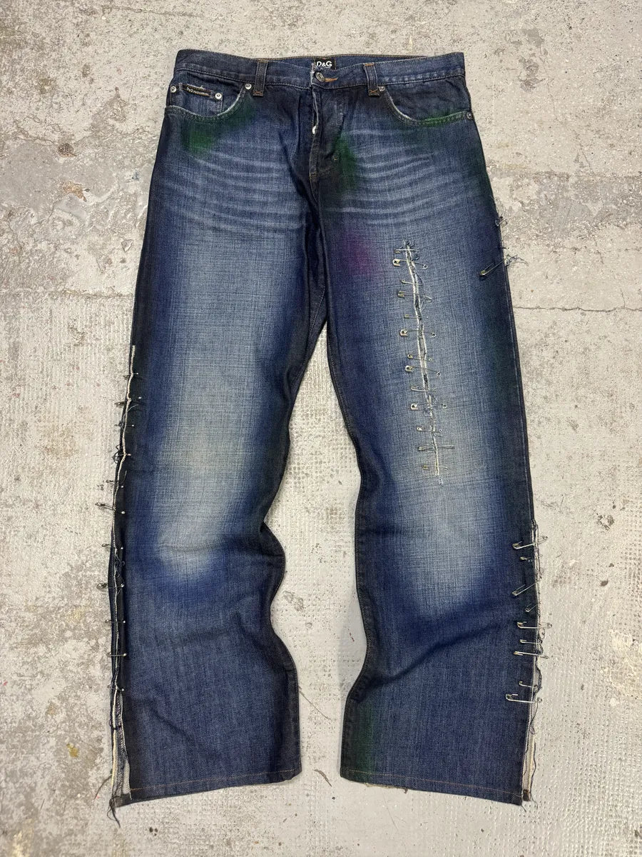 AW2001 Dolce & Gabbana Pins Blue Faded Denim Jeans urjstUA 0