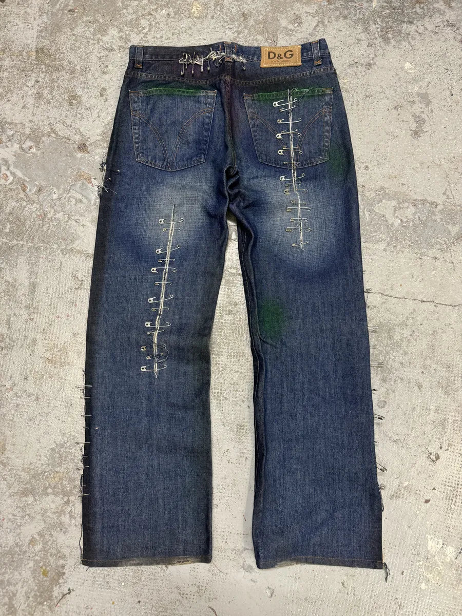 AW2001 Dolce & Gabbana Pins Blue Faded Denim Jeans urjstUA 1
