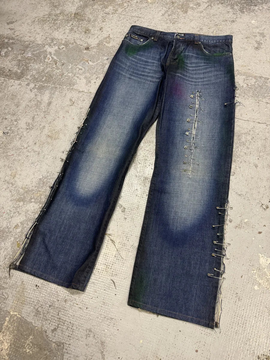AW2001 Dolce & Gabbana Pins Blue Faded Denim Jeans urjstUA 5