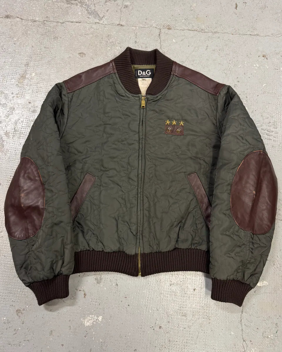 AW2001 Dolce & Gabbana Quilted Olive Hybrid Leather Bomber Jacket (L) 0