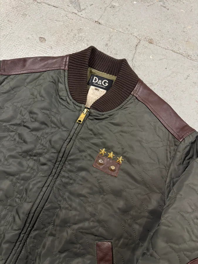 AW2001 Dolce & Gabbana Quilted Olive Hybrid Leather Bomber Jacket (L) 2