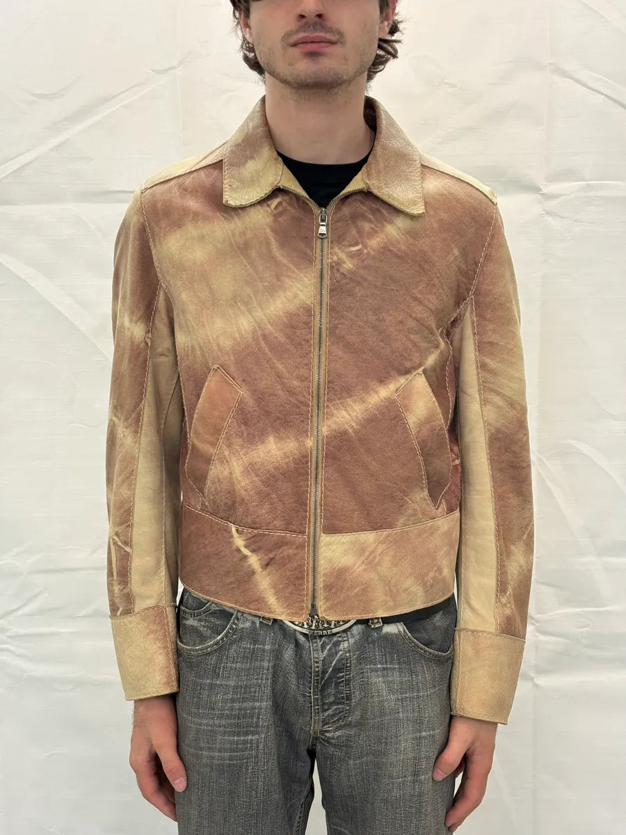 AW2001 Dolce & Gabbana Beige Burgundy Tie Dye Eroded Cropped Leather Jacket yvXABaVX 1