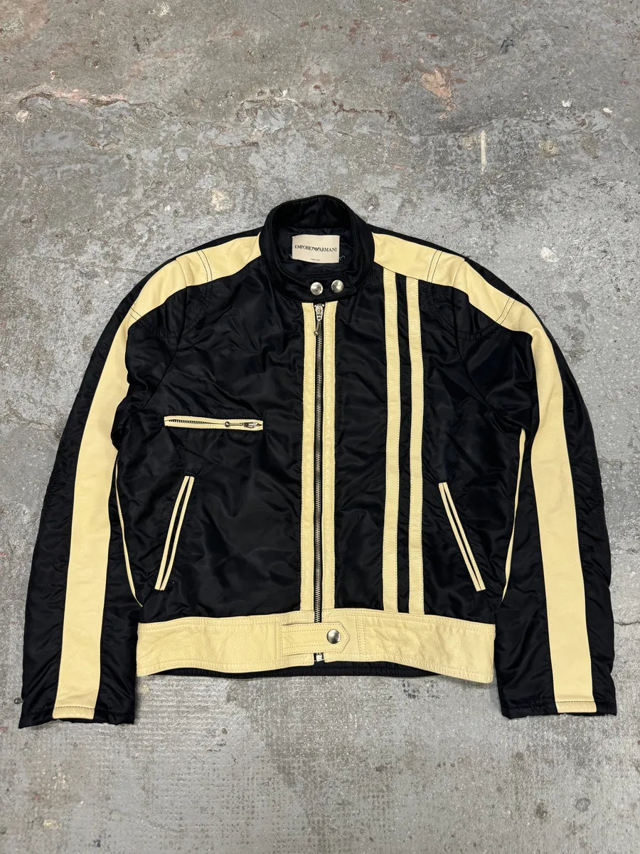 AW2001 Emporio Armani Racer Biker Hybrid Nylon Cropped Leather Jacket fddofLZ 0