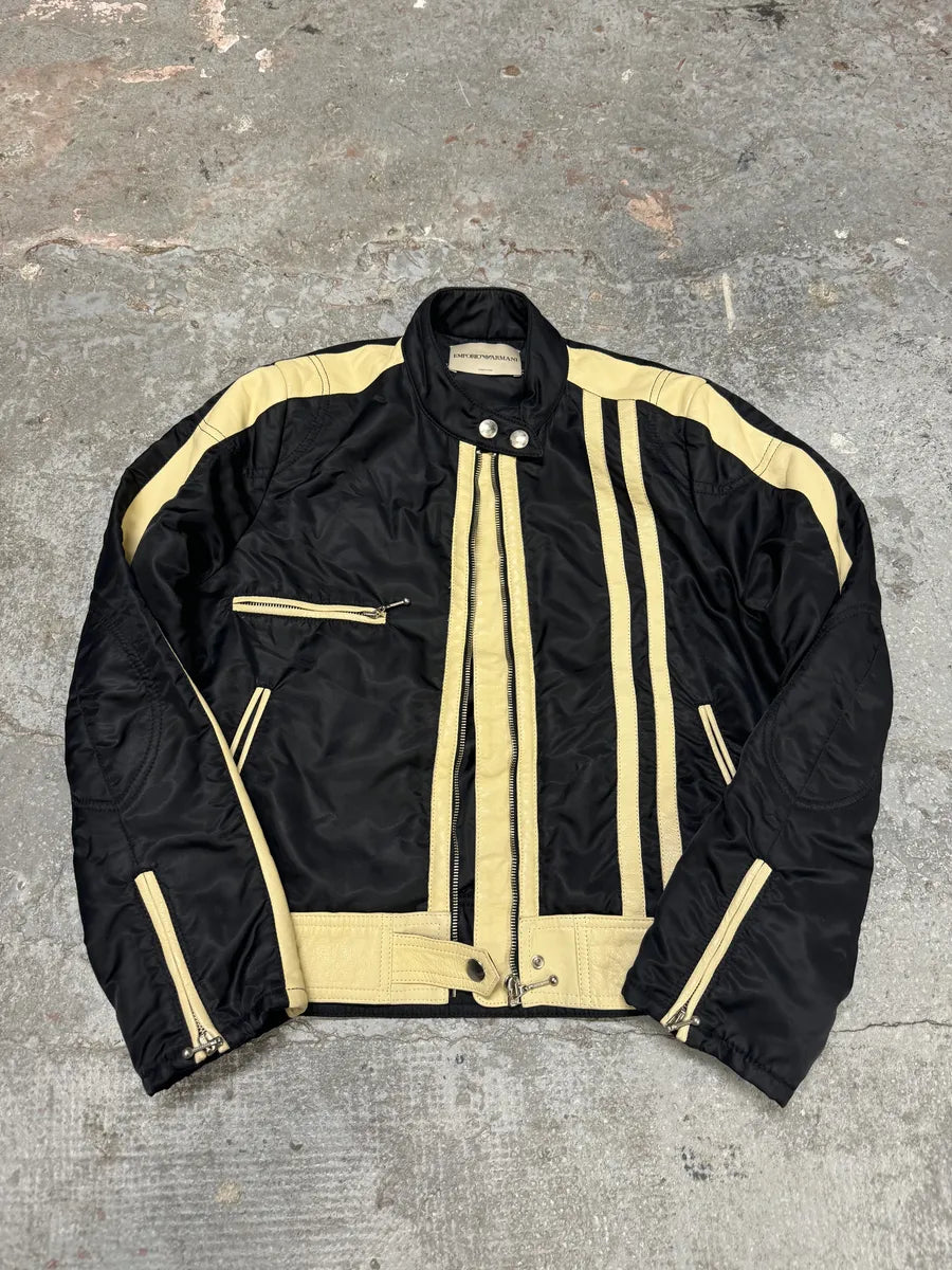 AW2001 Emporio Armani Racer Biker Hybrid Nylon Cropped Leather Jacket fddofLZ 1