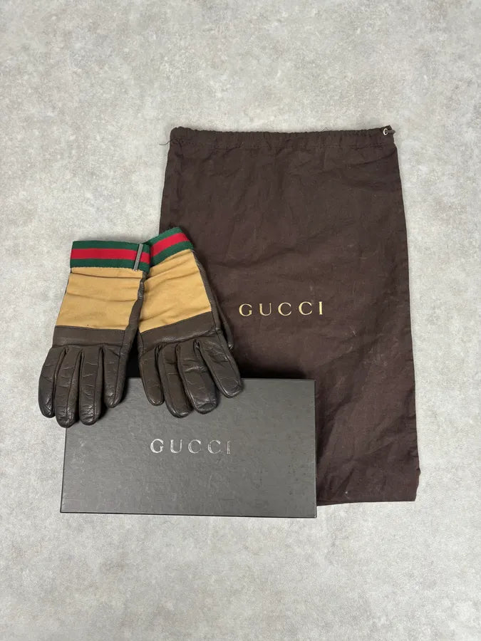 AW2001 Gucci Beige Canvas & Brown Leather Gloves by Tom Ford IkLJWej 0