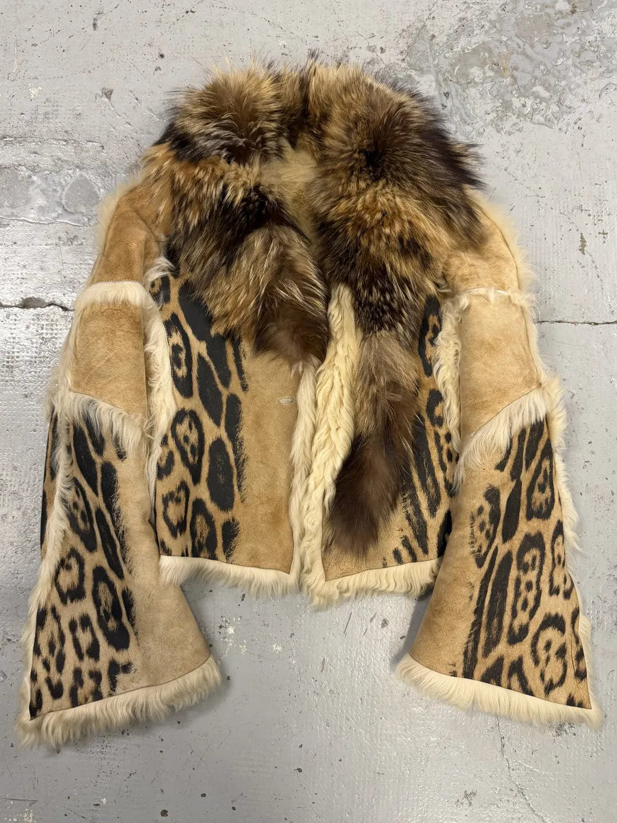 AW2001 Roberto Cavalli Beige Fur Leather Royal Leopard Jacket  qSxtBtV 0