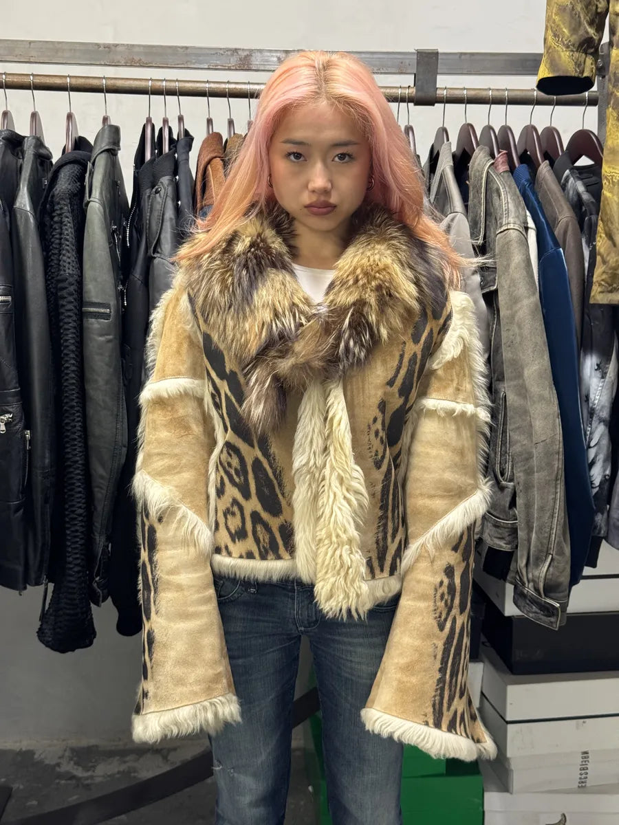 AW2001 Roberto Cavalli Beige Fur Leather Royal Leopard Jacket  qSxtBtV 2